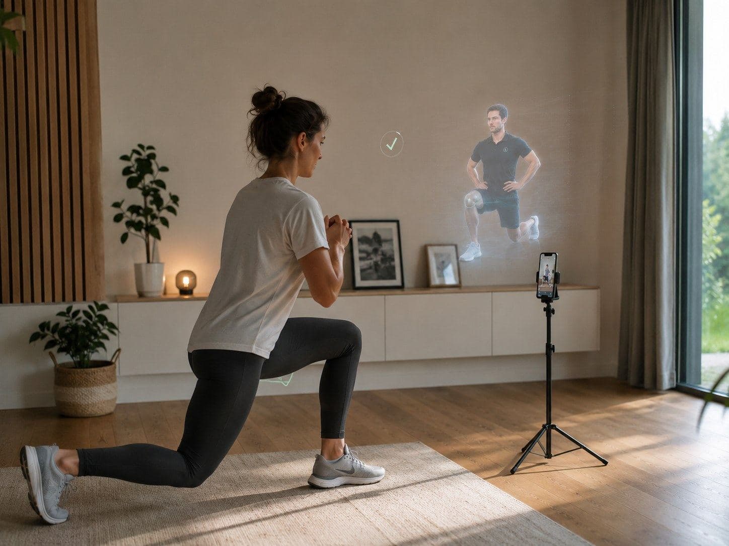 Une patiente fait son programme à la maison, le téléphone posé devant elle.